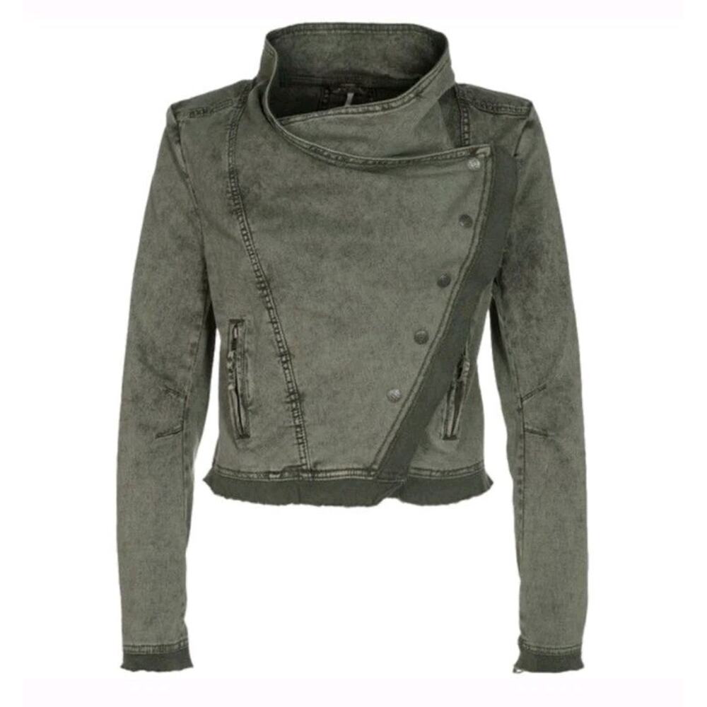 Free People Collapsing Twill Jacket XS Military Green Asymmetrical Moto Raw Hem